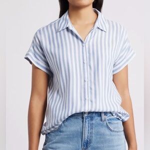 beachlunchlounge Blue and White Striped Tie-Front Button-Down Shirt